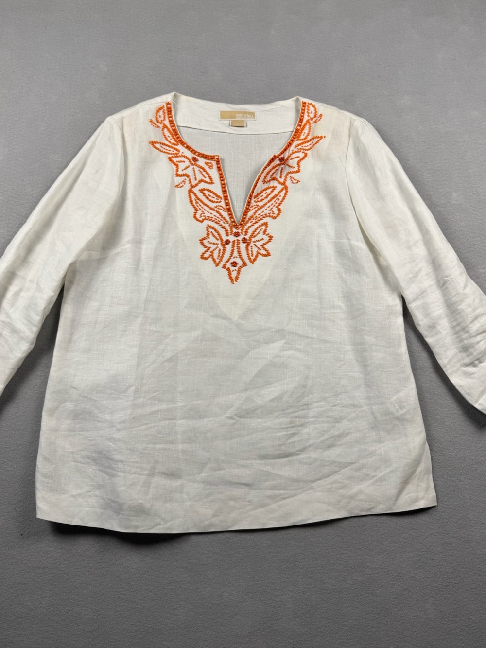 MICHAEL KORS White Orange Large 100% Linen Notched Neck Tunic Blouse Top Coastal